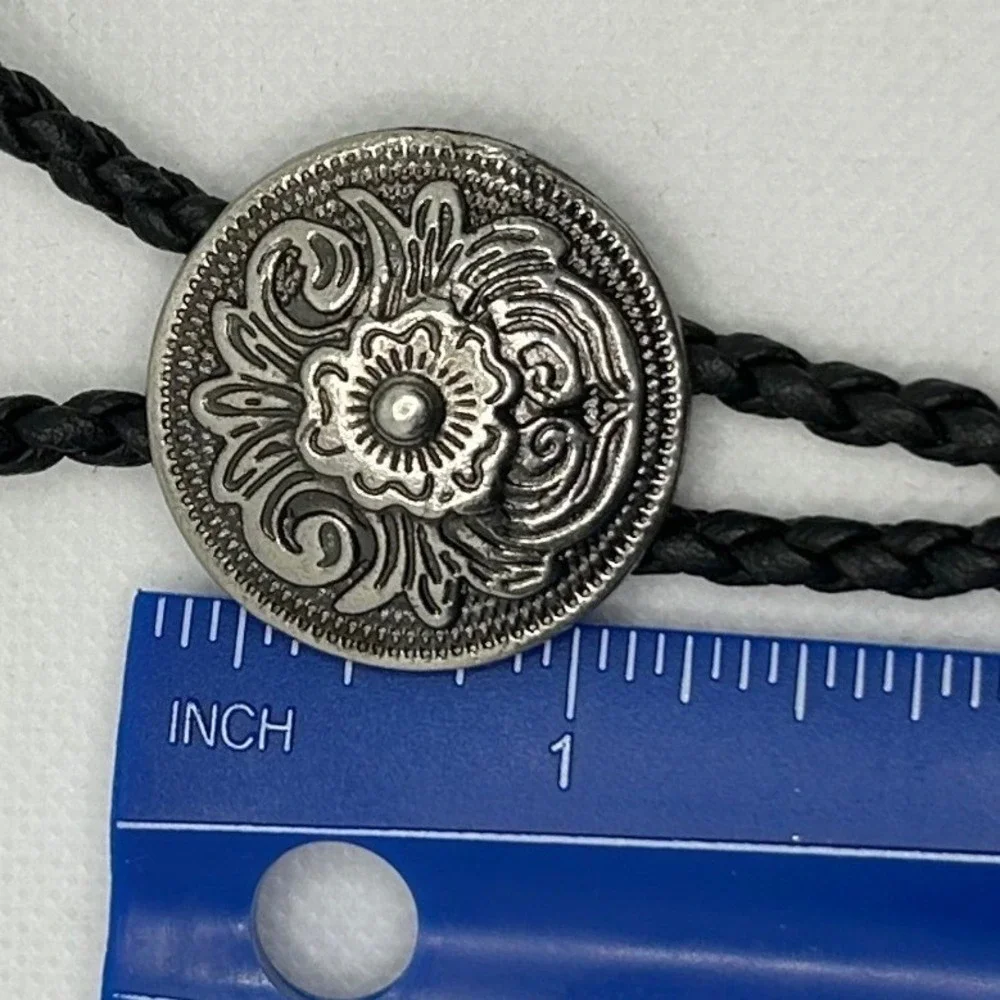 Country Western Black Bolo Tie Silver tone slide Cowboy Festival Vtg Style Rodeo